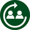 green icon bubble with two people and a part circle with an arrow