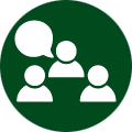 green icon bubble with three people and one with a speaking bubble