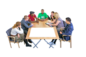 people talking around a table