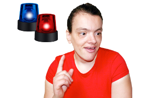 person pointing at two sirens, one blue and one red