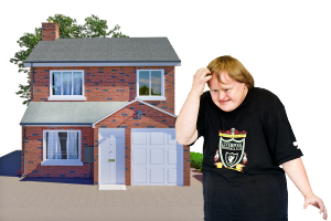 person standing next to a house looking scared