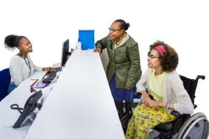 people at a reception desk