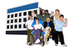 people with disability next to a building