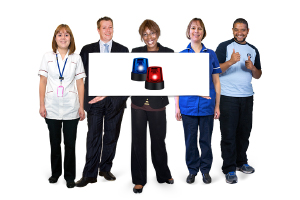 service providers holding banner with sirens