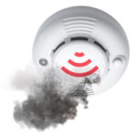 a smoke detector with black smoke near it and red stripes indicating it is making an alarm sound