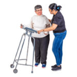 picture of a woman with a disability using a walker being assisted by another woman