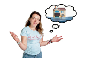 person with a though bubble showing a house in a flood