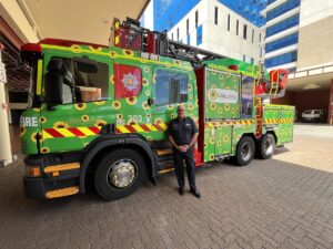 Fire truck decorated with sunflowers